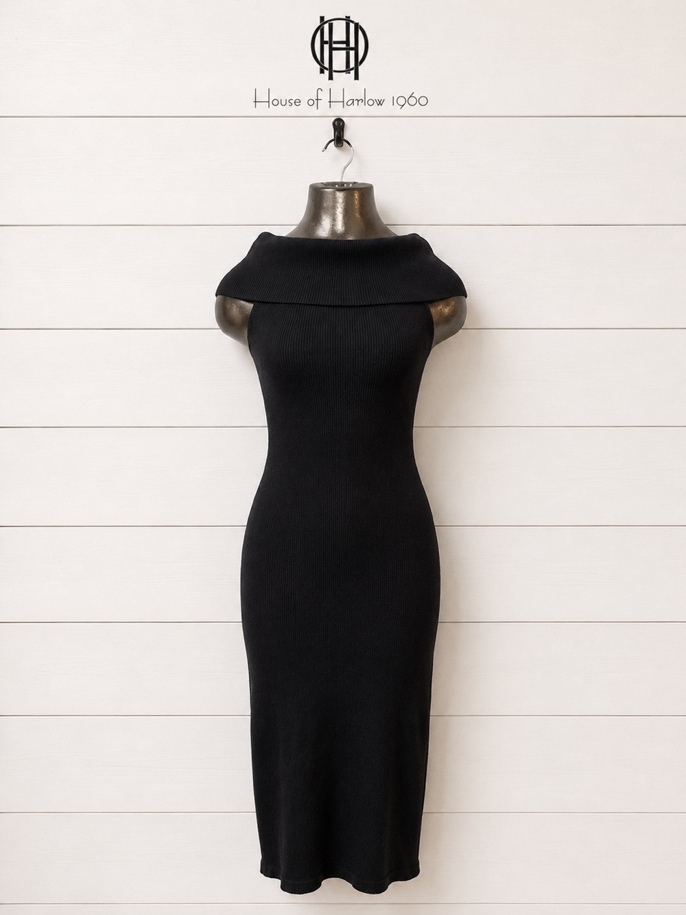 HOUSE OF HARLOW 1960 Black Ribbed Midi Dress Size M